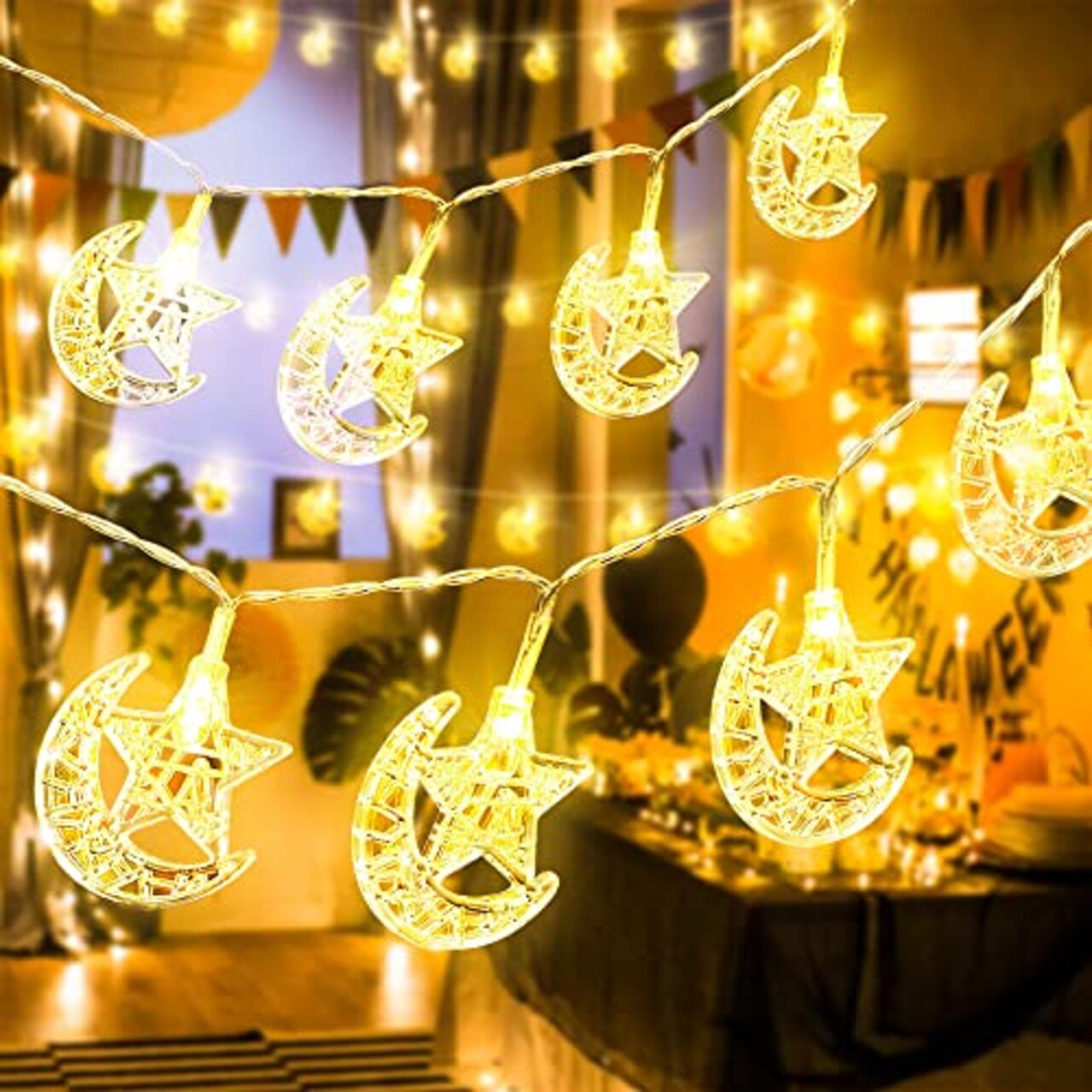 40 LED Moon and Star String Lights - 20ft USB and Battery Powered Fairy Lights for Indoor and Outdoor Decorations, Christmas, Bedroom, Party, Ramadan, Camping and Classroom